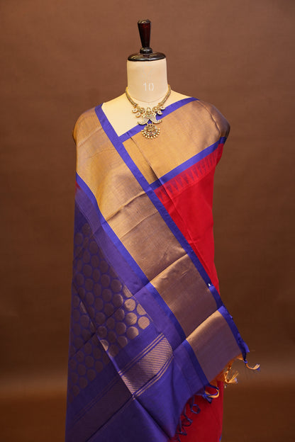 Pure Kuppadam Korvai Pattu Saree-Red & Royal Blue