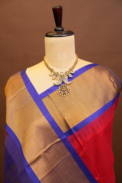 Pure Kuppadam Korvai Pattu Saree-Red & Royal Blue