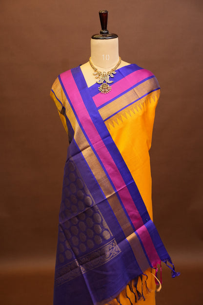 Pure Kuppadam Korvai Pattu Saree-Yellow & Blue