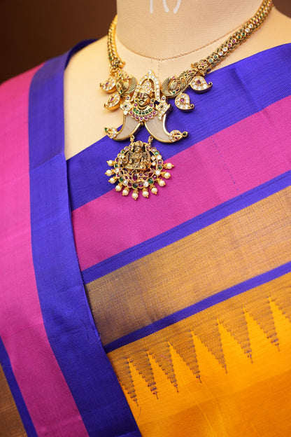Pure Kuppadam Korvai Pattu Saree-Yellow & Blue