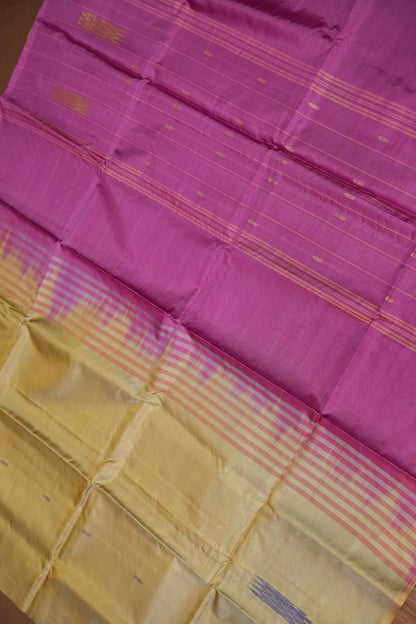 Vegan Saree with Temple Motifs & Contrast Magenta Pallu – Beige Gold