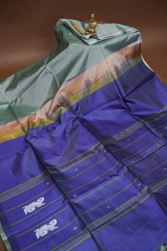 Vegan Saree with Temple Motifs & Contrast Royal Blue Pallu – Steel Blue