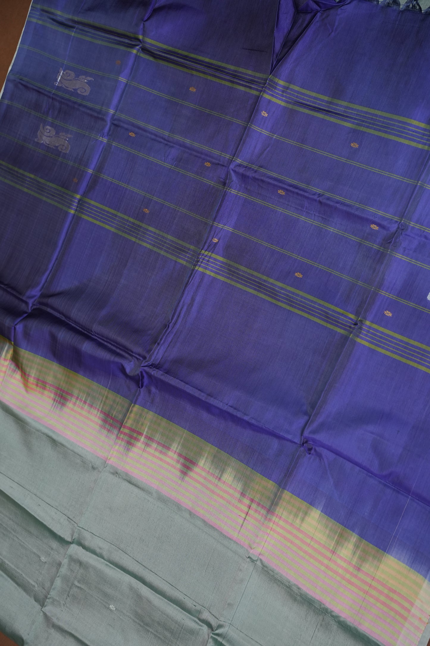 Vegan Saree with Temple Motifs & Contrast Royal Blue Pallu – Steel Blue