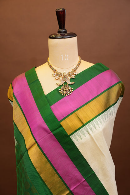 Pure Kuppadam Korvai Pattu Saree-Ivory & Green