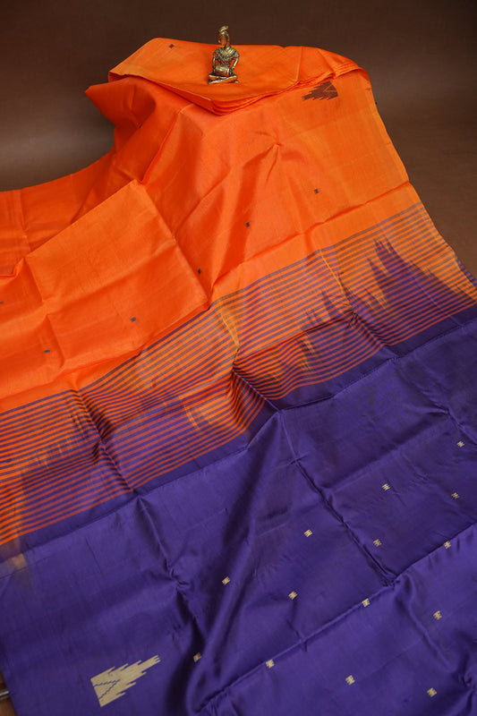 Orange Vegan Saree with Temple Motifs & Contrast Purple Pallu – Orange