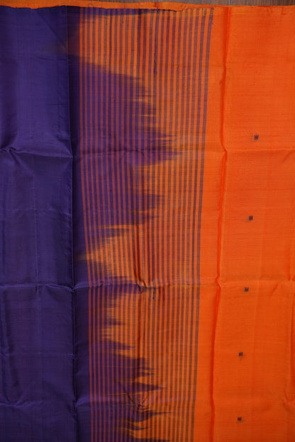 Orange Vegan Saree with Temple Motifs & Contrast Purple Pallu – Orange
