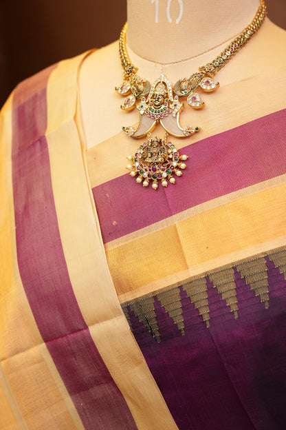 Pure Kuppadam Korvai Pattu Saree-Wine & Ivory