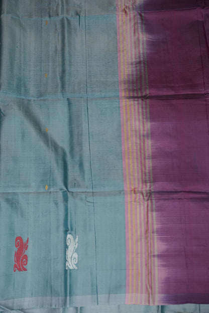 Vegan Saree with Woven Bird Motifs – Sky Blue & Purple