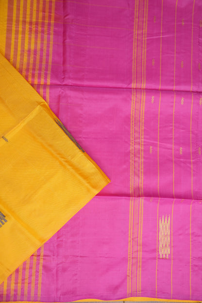 Vegan Saree with Contrast Pallu – Mustard Yellow & Pink