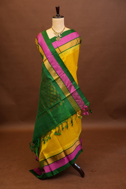 Pure Kuppadam Korvai Pattu Saree-Yellow & Green