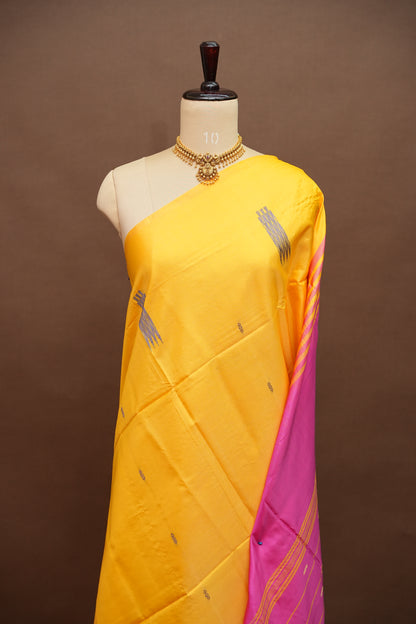 Vegan Saree with Contrast Pallu – Mustard Yellow & Pink