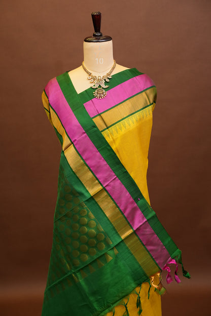 Pure Kuppadam Korvai Pattu Saree-Yellow & Green