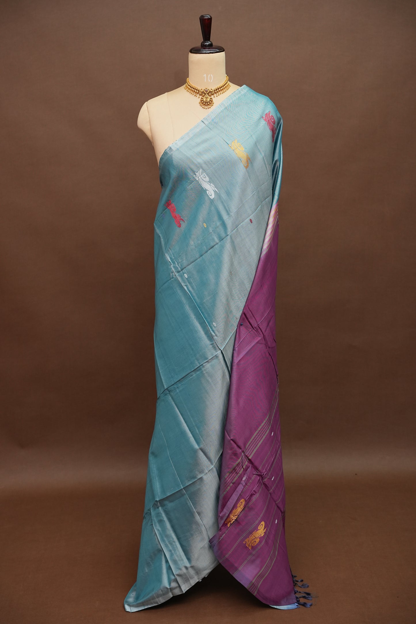 Vegan Saree with Woven Bird Motifs – Sky Blue & Purple