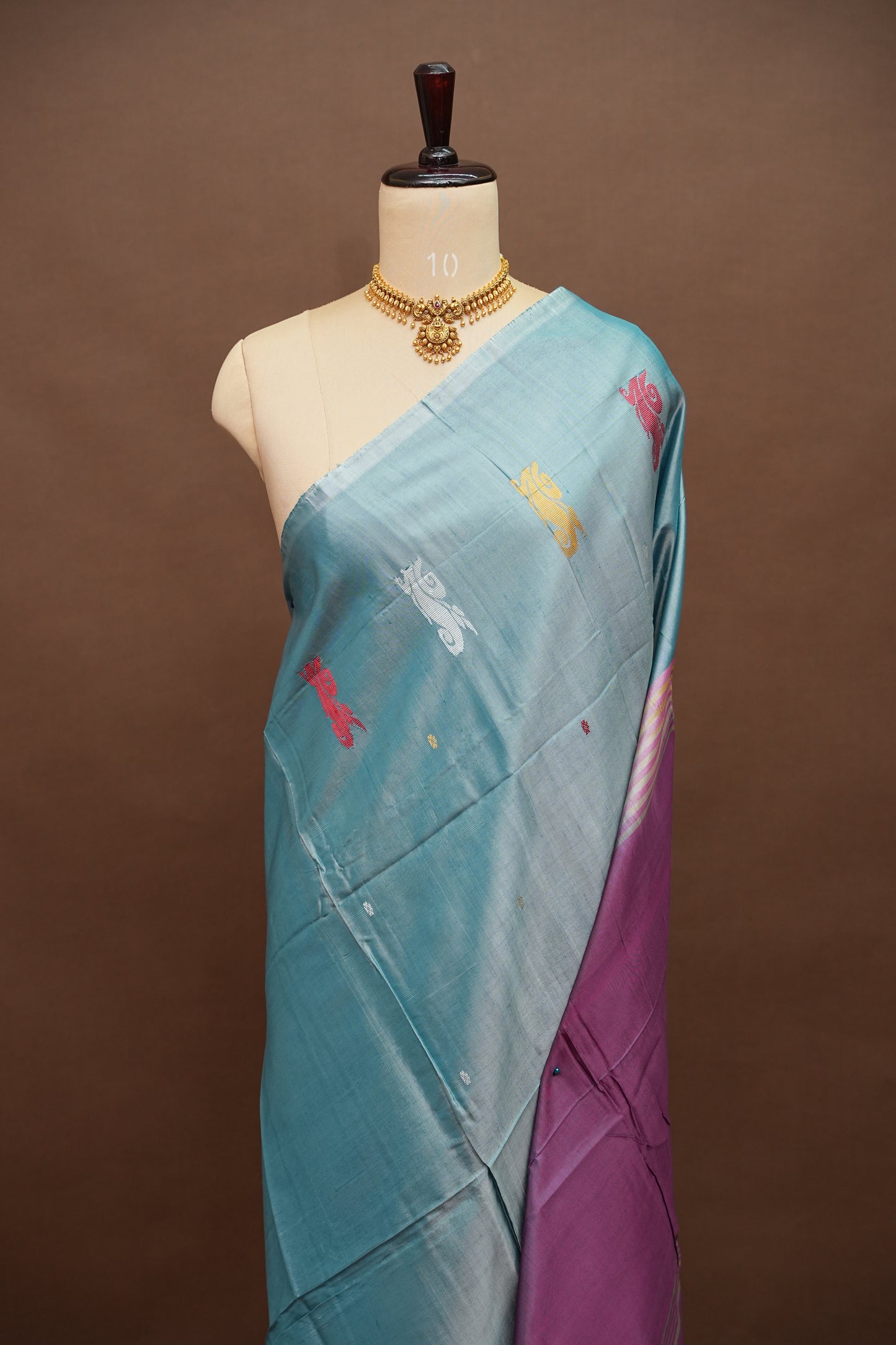 Vegan Saree with Woven Bird Motifs – Sky Blue & Purple