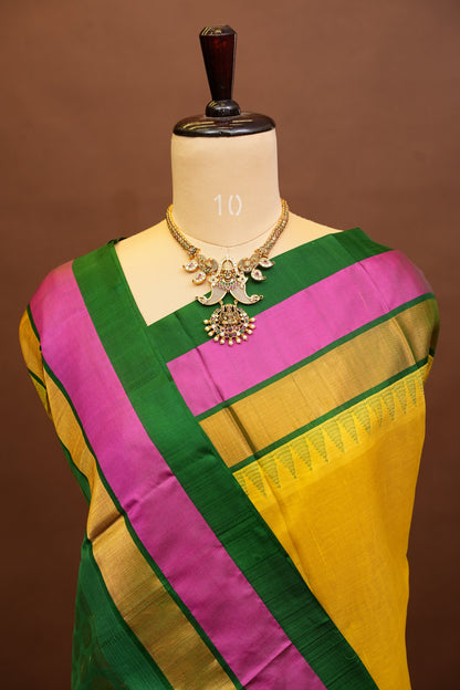 Pure Kuppadam Korvai Pattu Saree-Yellow & Green