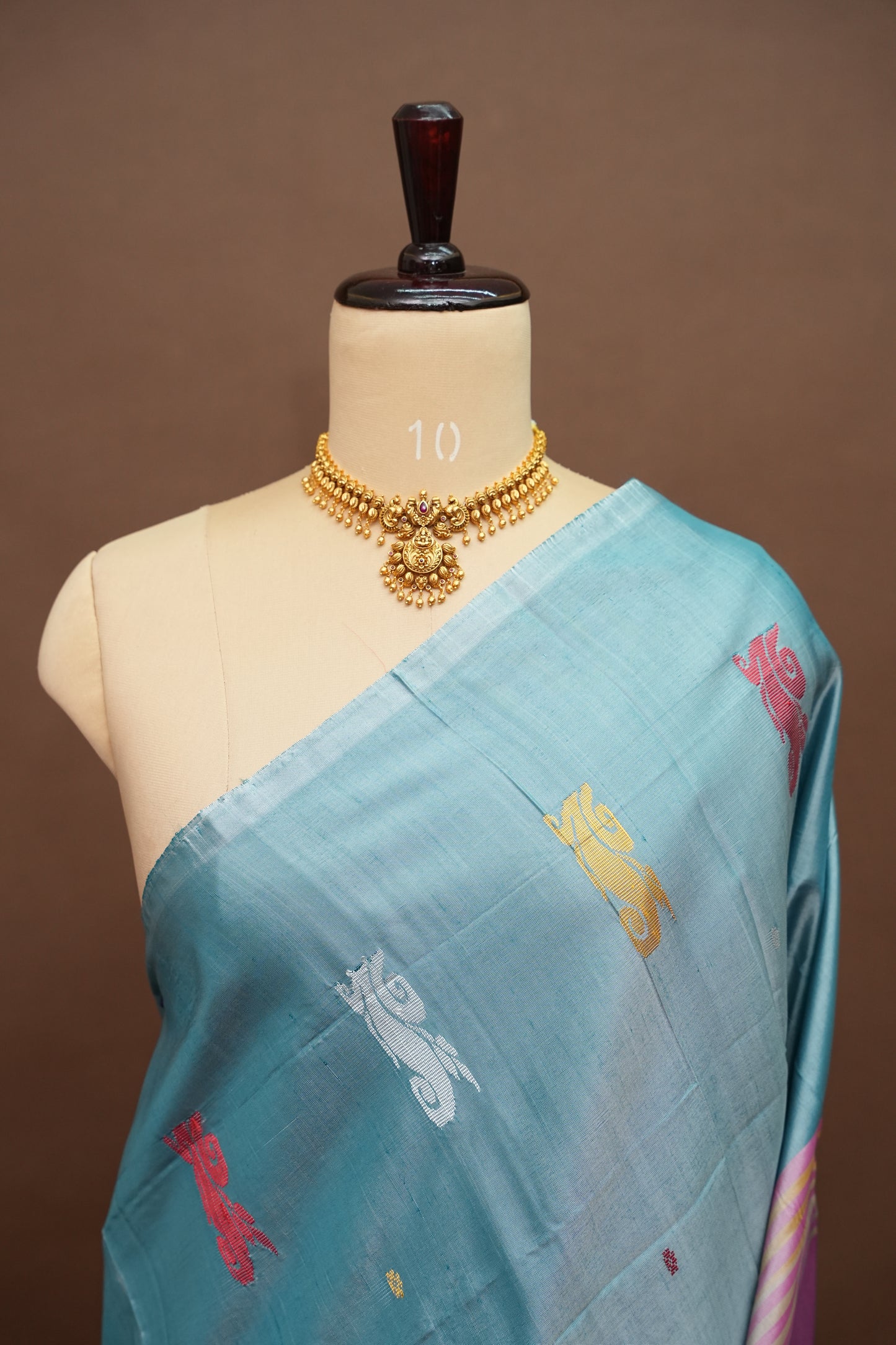 Vegan Saree with Woven Bird Motifs – Sky Blue & Purple