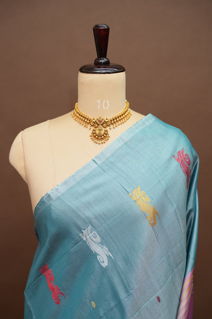Vegan Saree with Woven Bird Motifs – Sky Blue & Purple