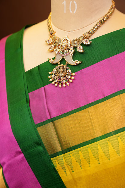 Pure Kuppadam Korvai Pattu Saree-Yellow & Green