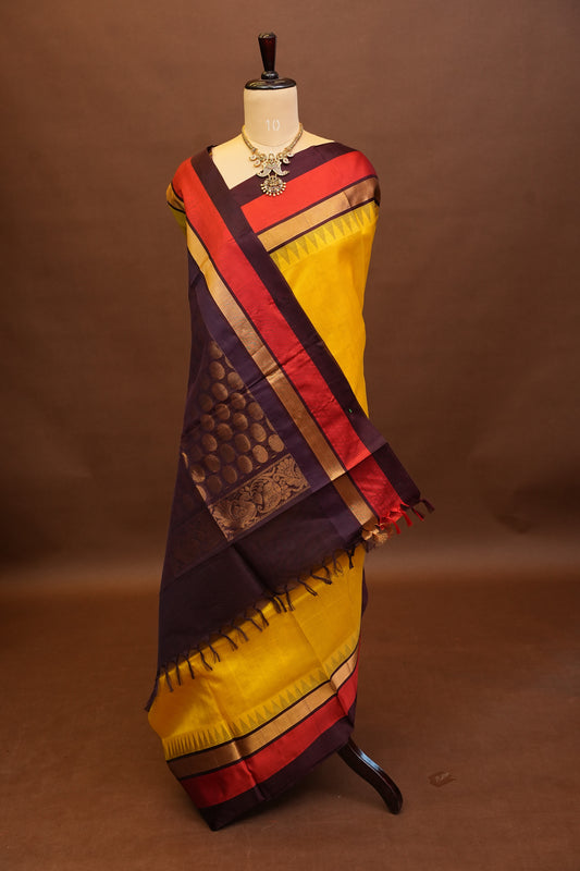 Pure Kuppadam Korvai Pattu Saree-Soft Yellow & Black