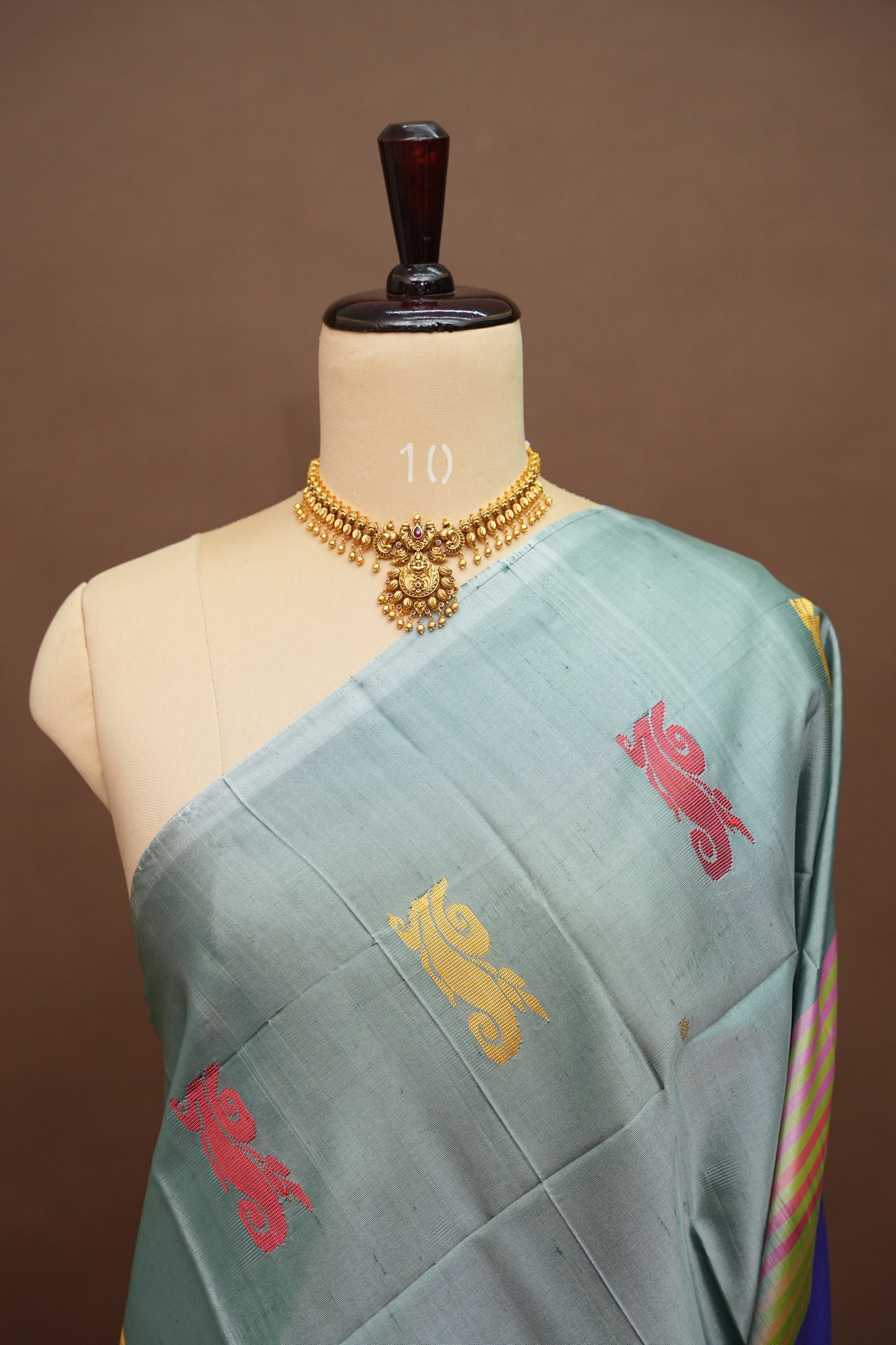 Vegan Saree with Temple Motifs & Contrast Royal Blue Pallu – Steel Blue