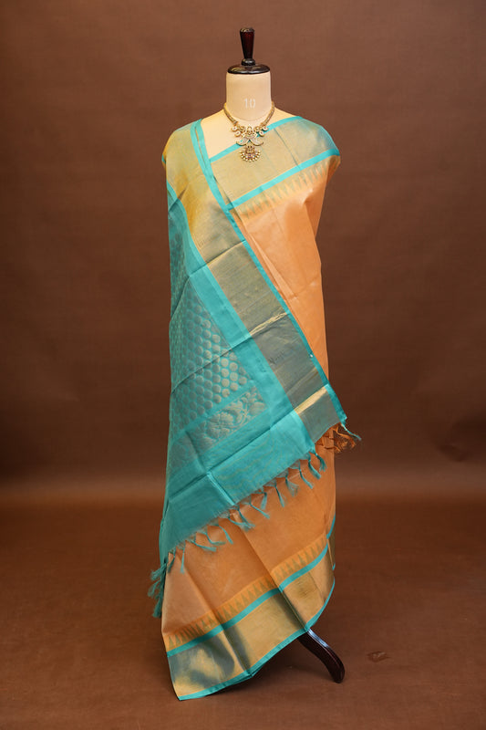 Pure Kuppadam Korvai Pattu Saree-Ivory & Turquoise Green