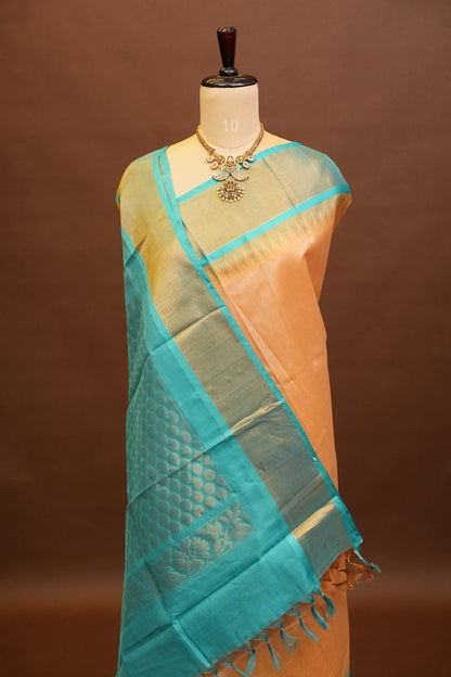 Pure Kuppadam Korvai Pattu Saree-Ivory & Turquoise Green