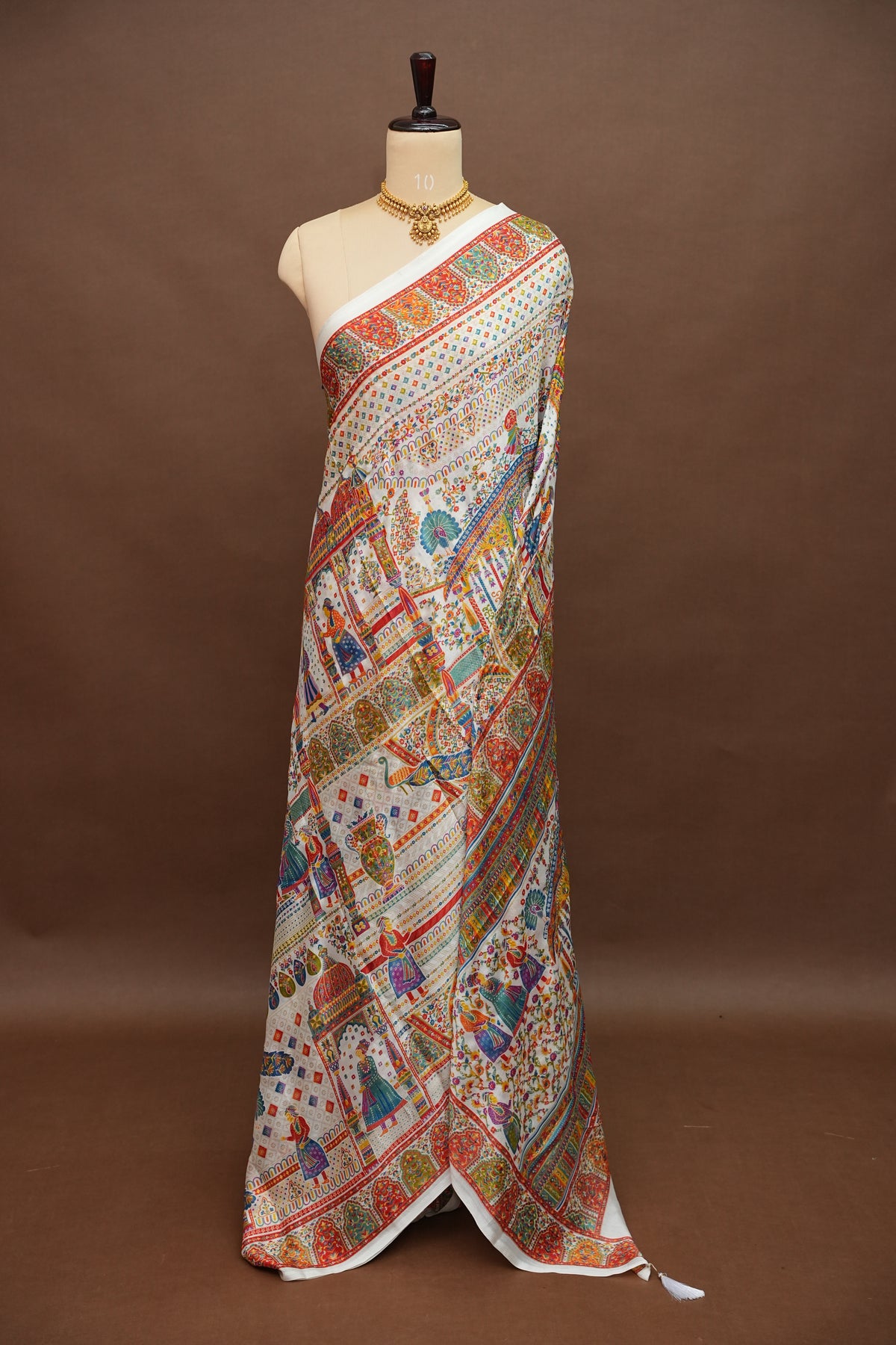 Semi Georgette Saree with Royal Palace Heritage Print – White