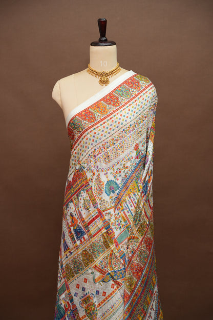 Semi Georgette Saree with Royal Palace Heritage Print – White
