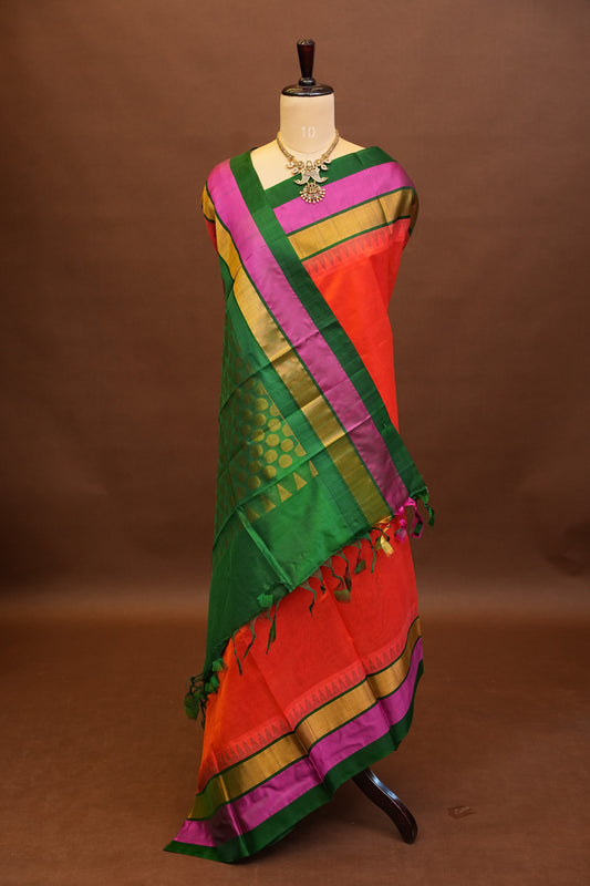 Pure Kuppadam Korvai Pattu Saree-Orange & Green