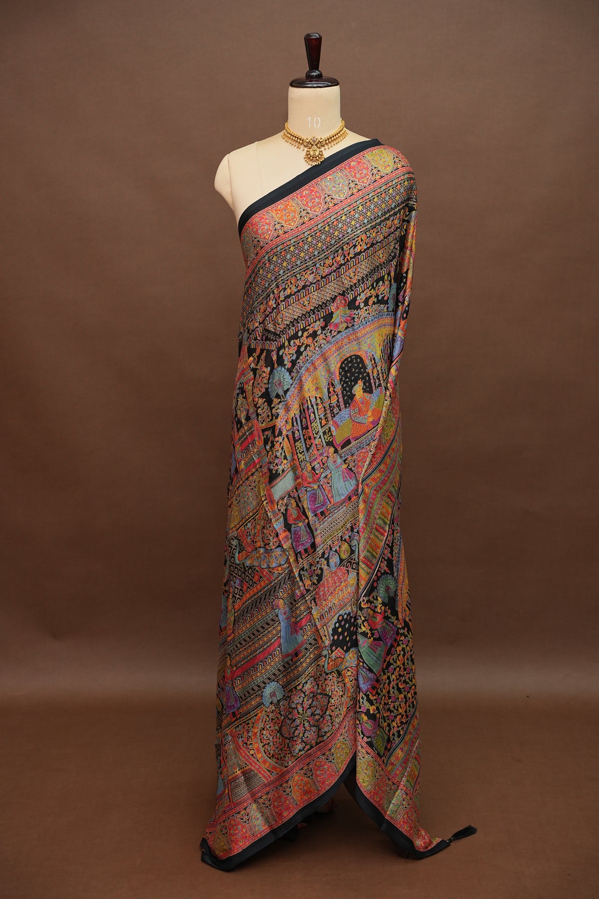 Semi Georgette Saree with Royal Palace Heritage Print – Black