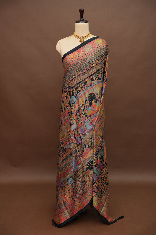 Semi Georgette Saree with Royal Palace Heritage Print – Black