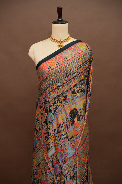 Semi Georgette Saree with Royal Palace Heritage Print – Black