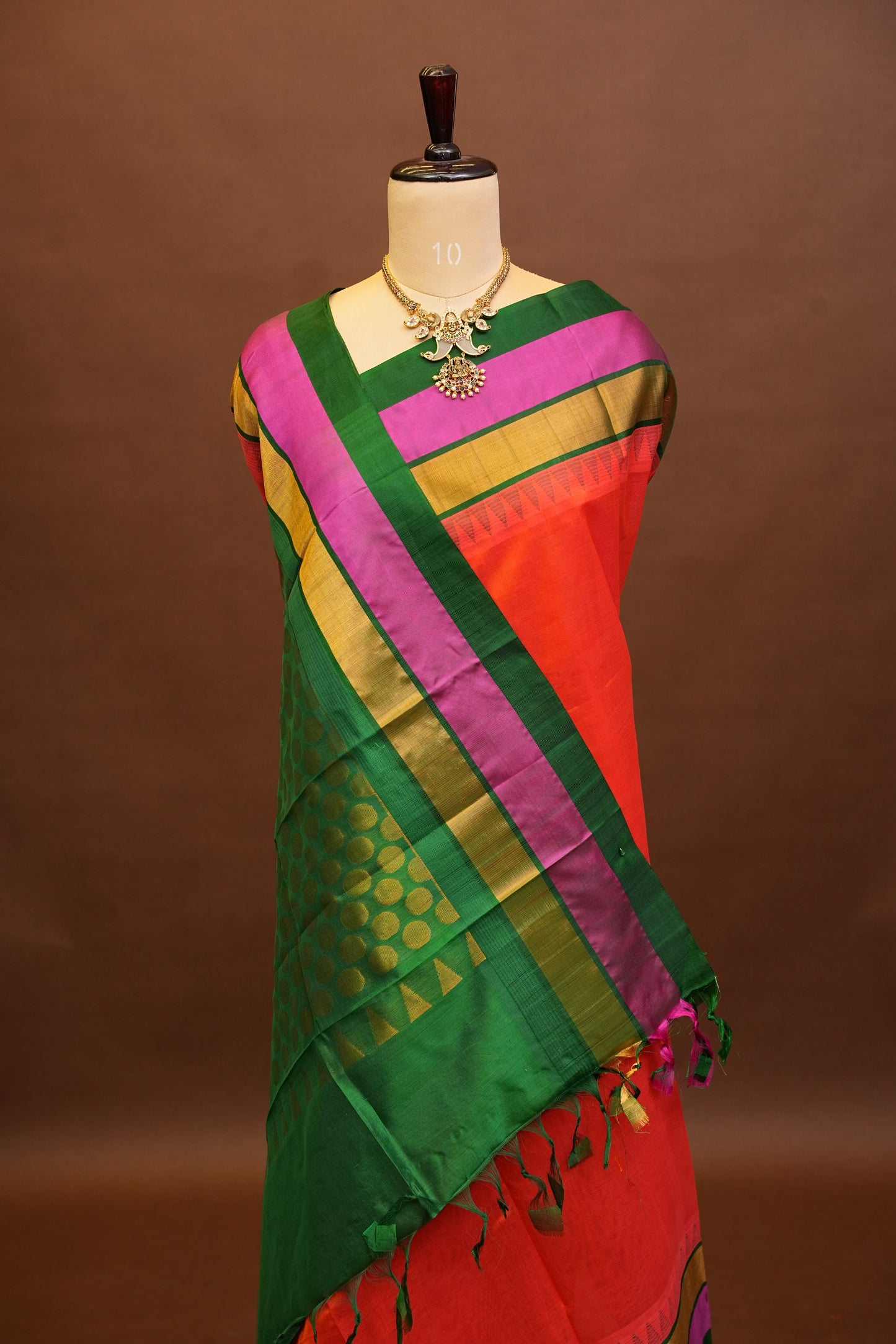 Pure Kuppadam Korvai Pattu Saree-Orange & Green