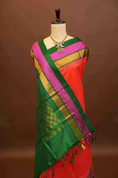 Pure Kuppadam Korvai Pattu Saree-Orange & Green