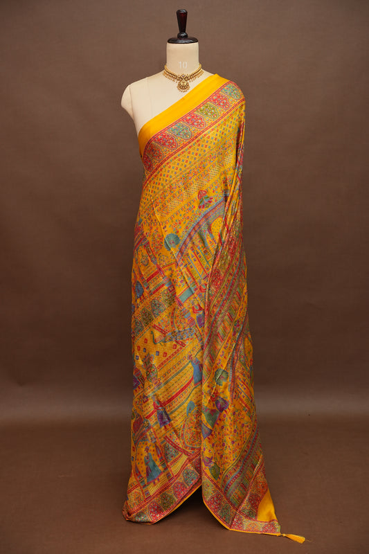 Semi Georgette Saree with Royal Palace Heritage Print – Mustard
