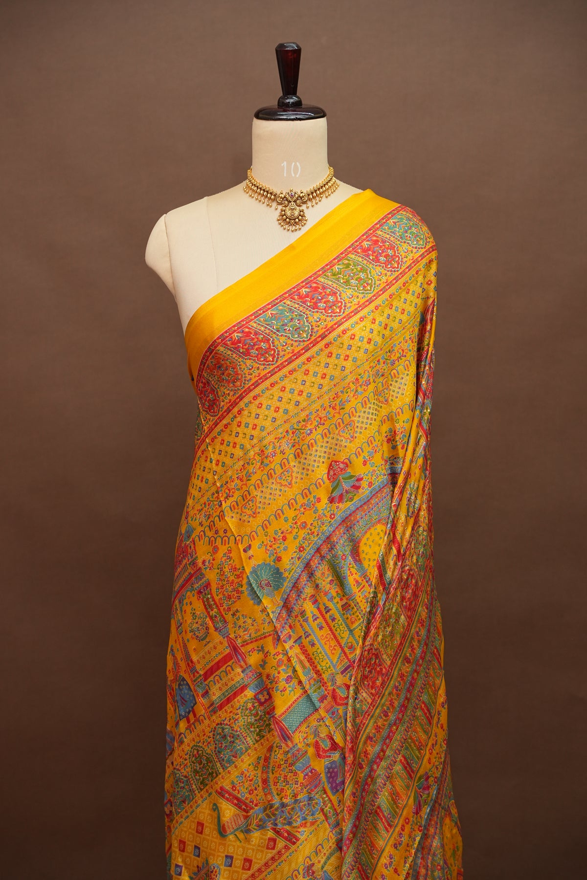 Semi Georgette Saree with Royal Palace Heritage Print – Mustard