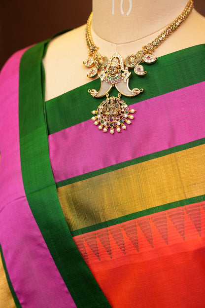 Pure Kuppadam Korvai Pattu Saree-Orange & Green