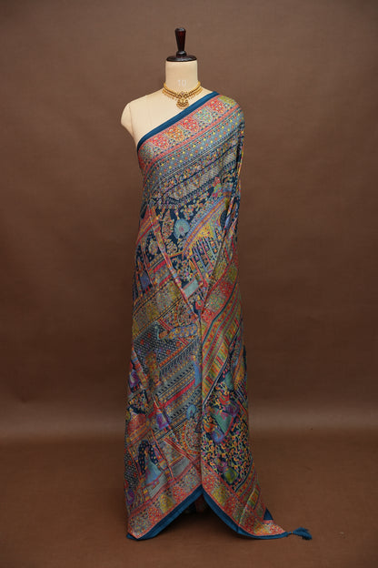 Semi Georgette Saree with Royal Palace Heritage Print – Teal Blue
