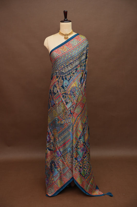 Semi Georgette Saree with Royal Palace Heritage Print – Teal Blue