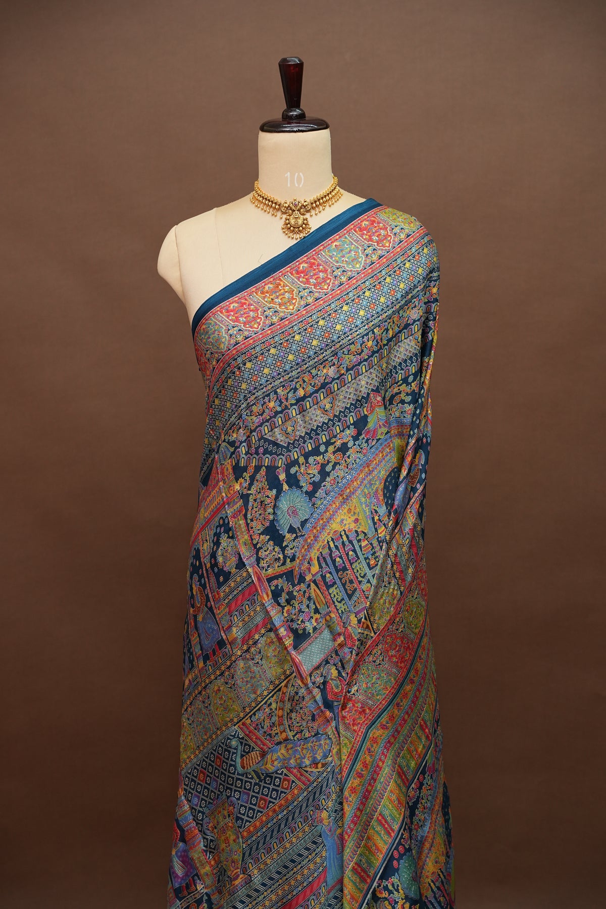 Semi Georgette Saree with Royal Palace Heritage Print – Teal Blue