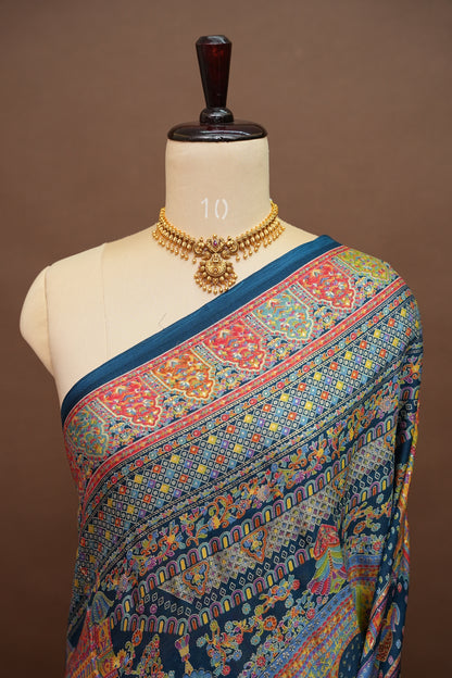 Semi Georgette Saree with Royal Palace Heritage Print – Teal Blue