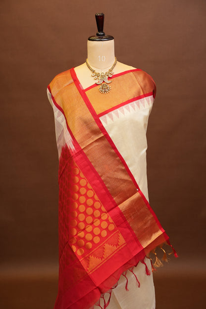 Pure Kuppadam Korvai Pattu Saree-Ivory & Red