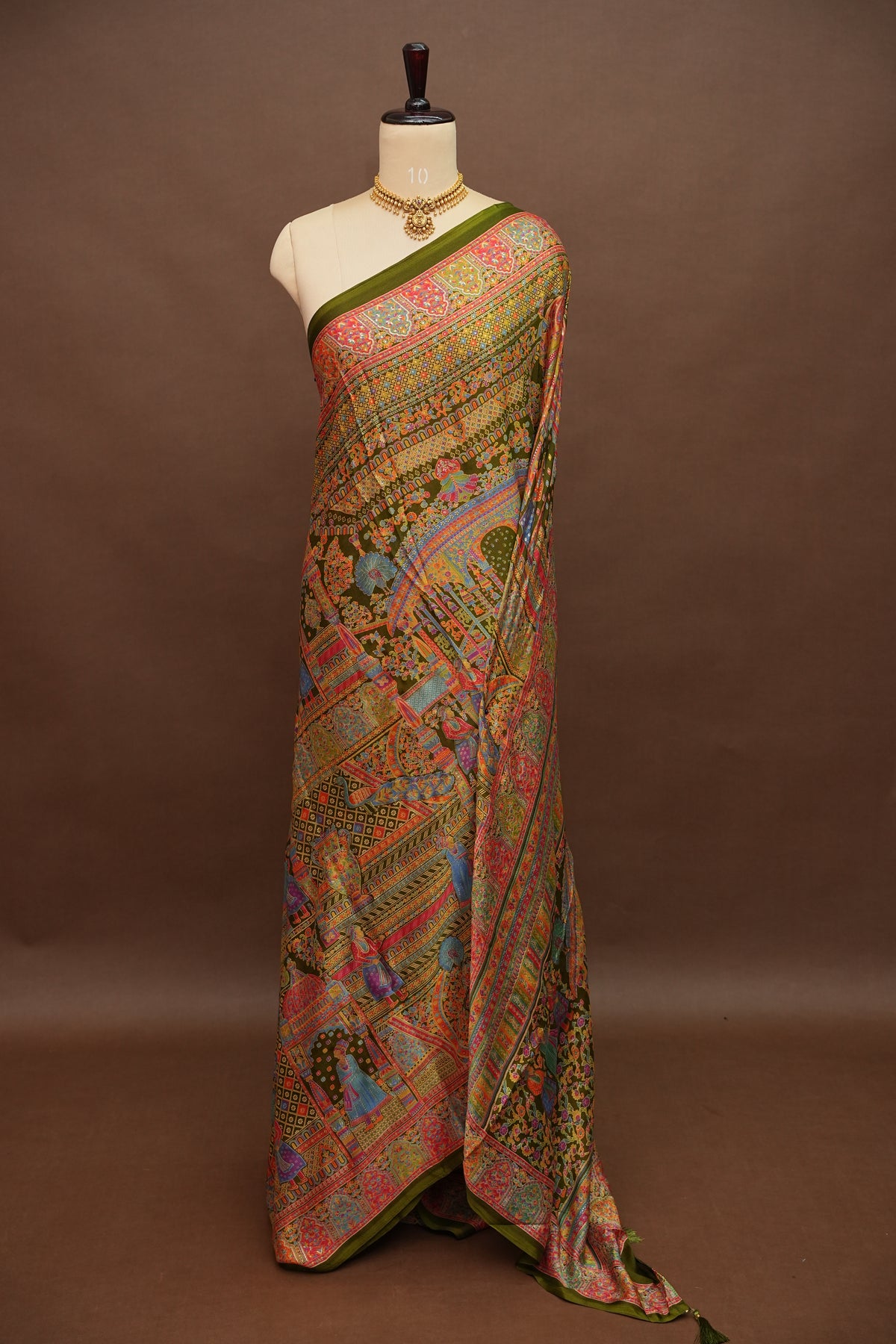 Semi Georgette Saree with Royal Palace Heritage Print – Olive Green