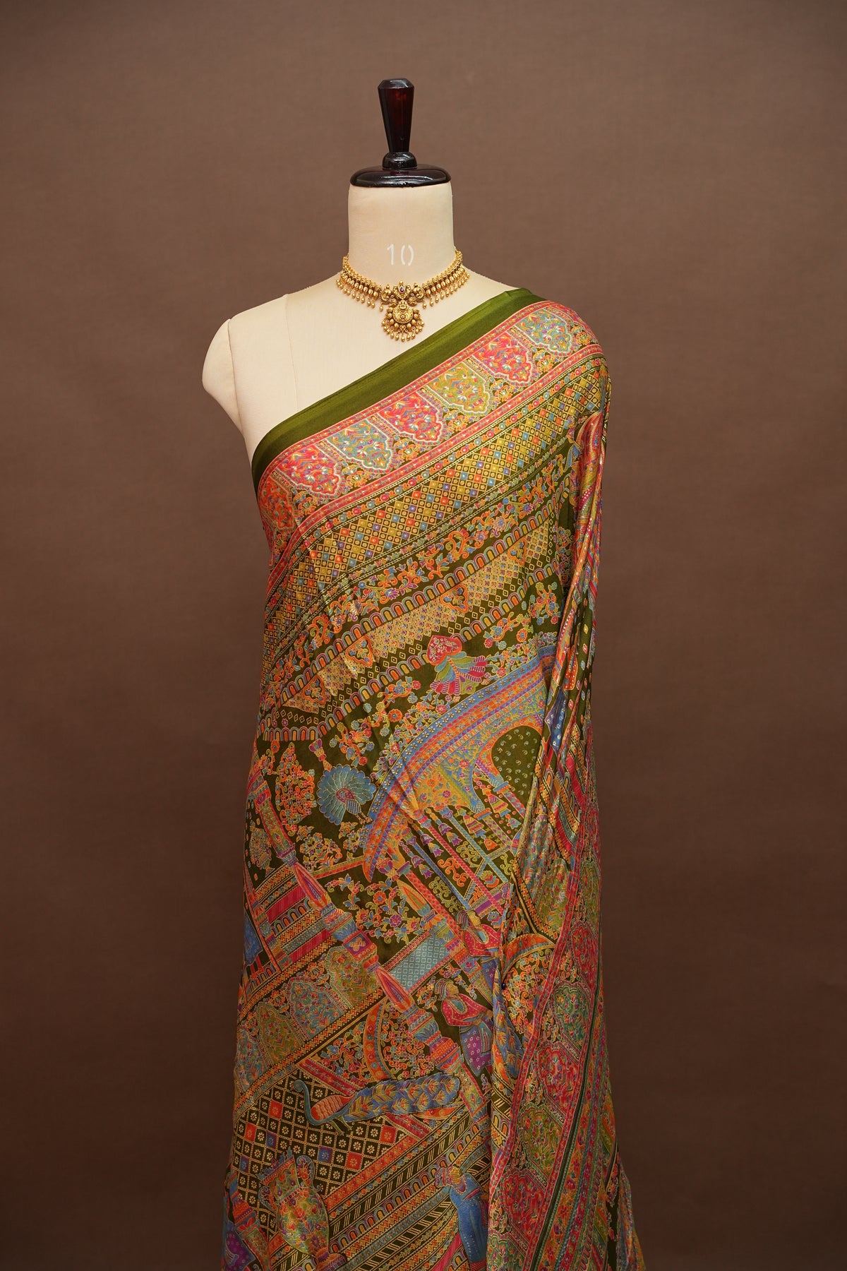 Semi Georgette Saree with Royal Palace Heritage Print – Olive Green