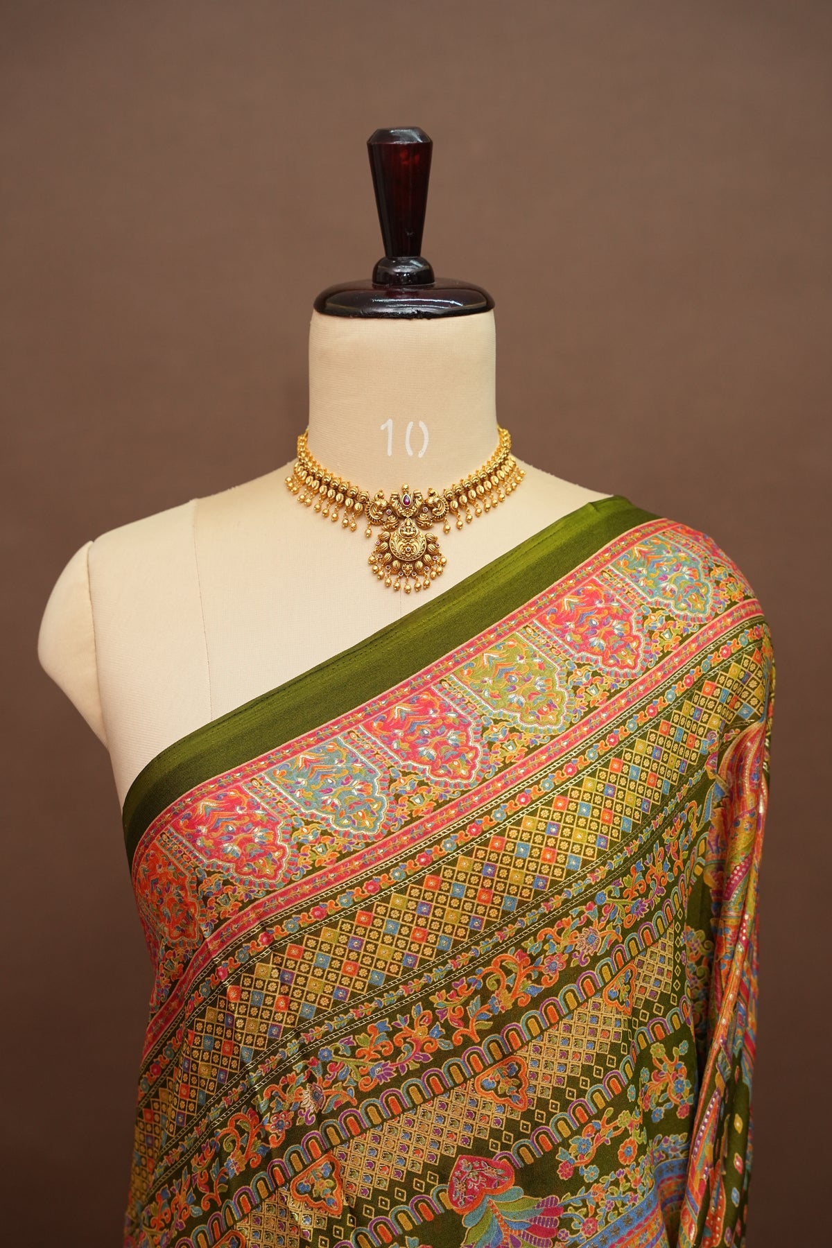 Semi Georgette Saree with Royal Palace Heritage Print – Olive Green