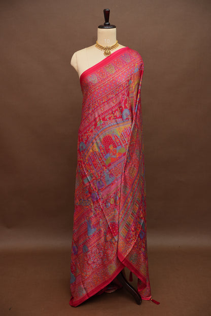 Semi Georgette Saree with Royal Palace Heritage Print – Rani Pink