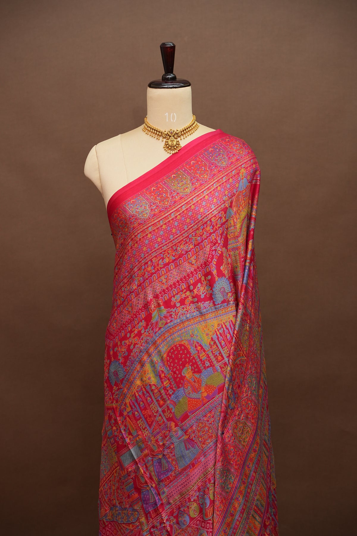 Semi Georgette Saree with Royal Palace Heritage Print – Rani Pink