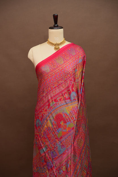 Semi Georgette Saree with Royal Palace Heritage Print – Rani Pink