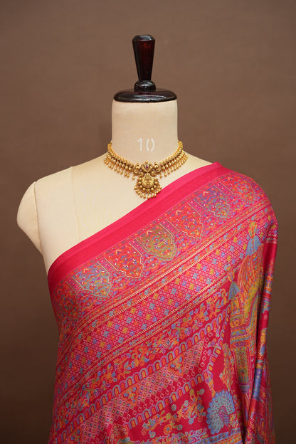 Semi Georgette Saree with Royal Palace Heritage Print – Rani Pink
