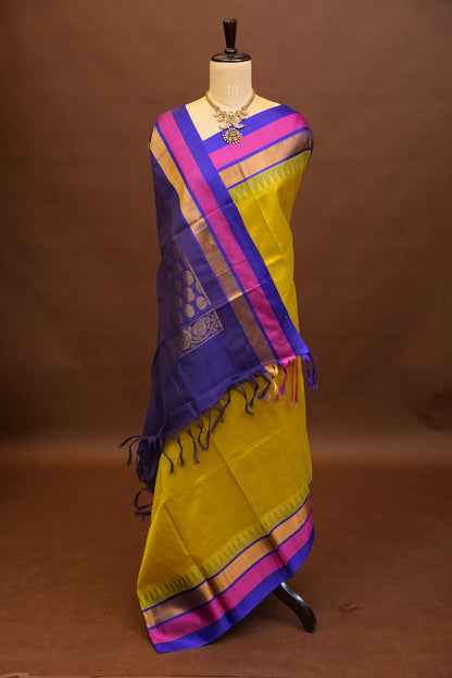Pure Kuppadam Korvai Pattu Saree-Parrot Green and Royal Blue